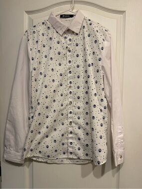 Girls' White Long-Sleeve Blouse with Navy Floral Dot Print